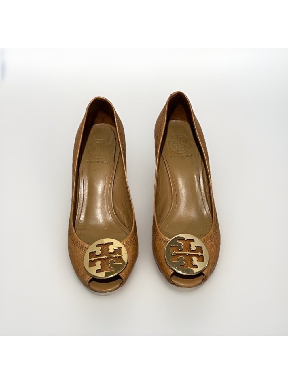 Tory Burch Women’s Brown Pebbled Leather Logo Peep Toe Wedge Pumps Shoes US 9 M